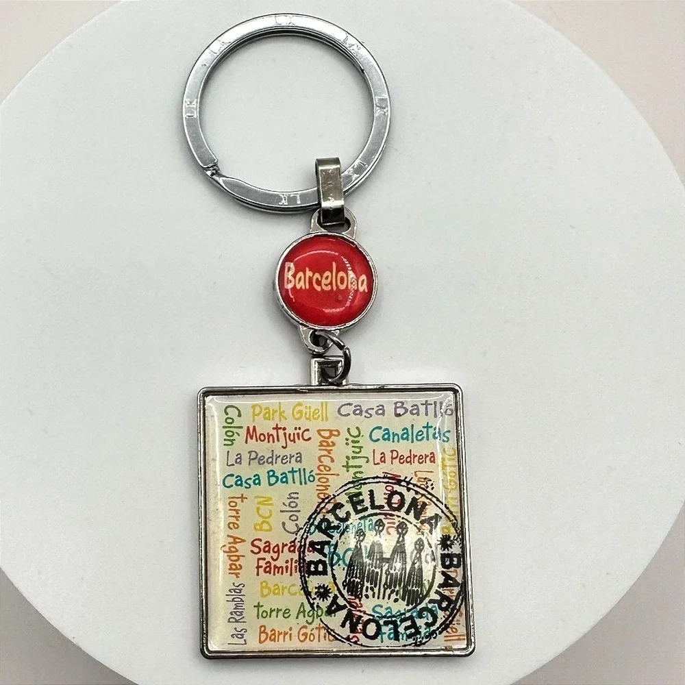 Vintage 70s LK Barcelona Spain Souvenir Silver Tone Square Charm Keychain Retro